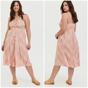 TORRID Peach Pink Plaid Challis Button Front Midi Dress